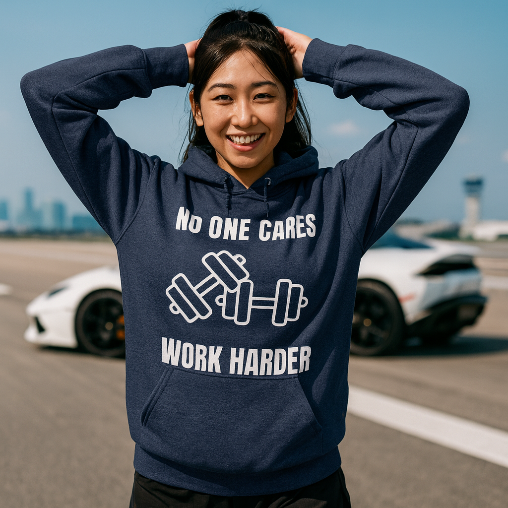No One Cares Work Harder — dark sponge fleece hoodie by Dumbbells & Hotels | Flight-tested hotel gym gear
