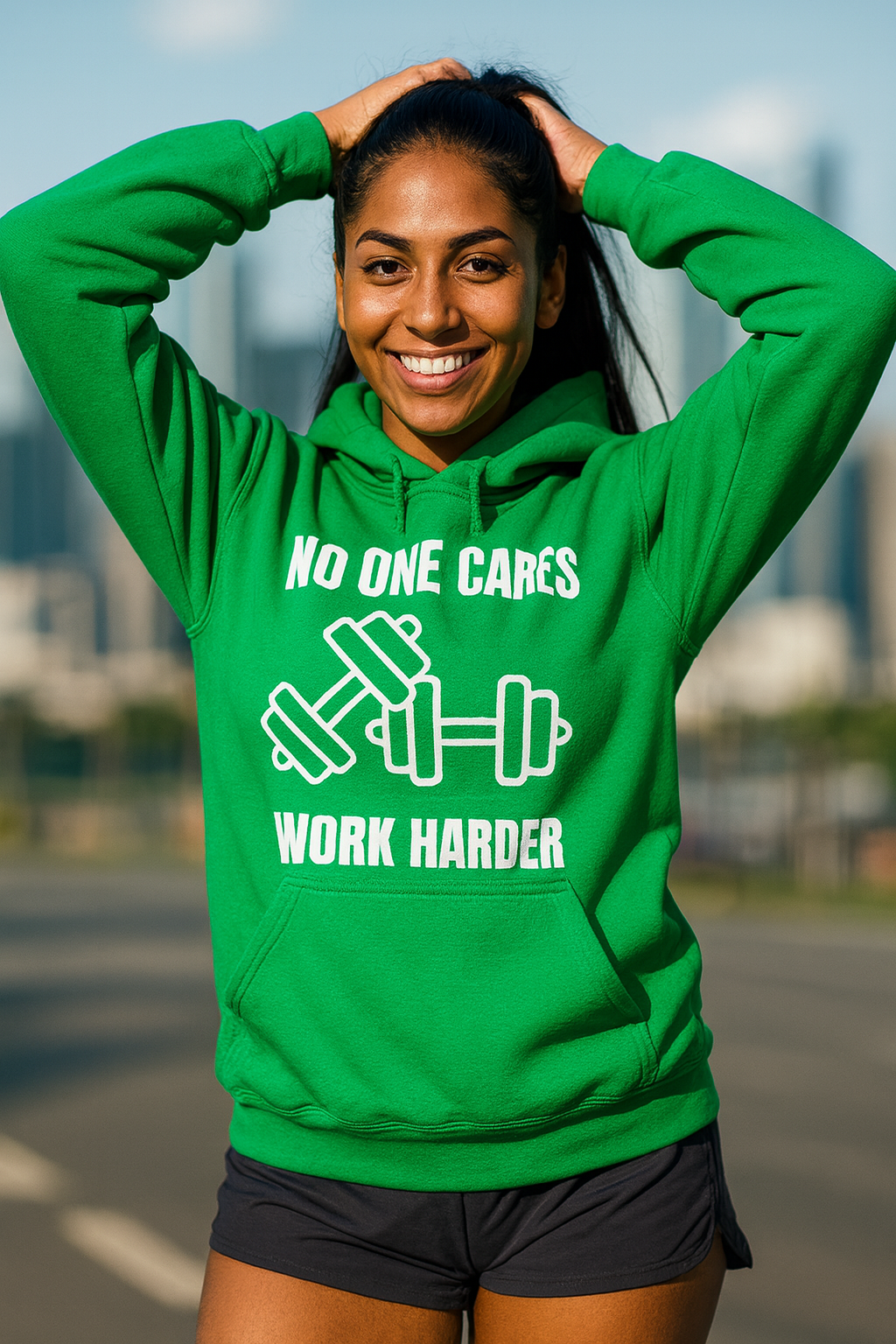 No One Cares Work Harder — dark sponge fleece hoodie by Dumbbells & Hotels | Flight-tested hotel gym gear