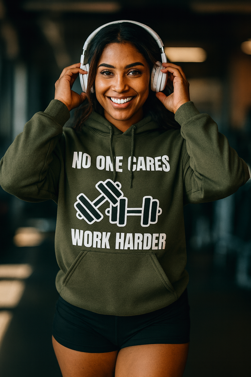 No One Cares Work Harder — dark sponge fleece hoodie by Dumbbells & Hotels | Flight-tested hotel gym gear