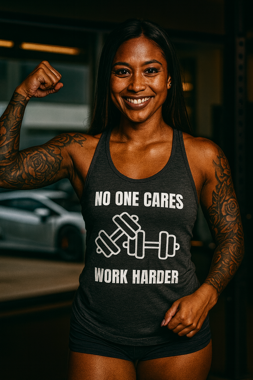 "No One Cares. Work Harder" Women's Racerback Tank White Text Double Dumbbells by Dumbbells and Hotels