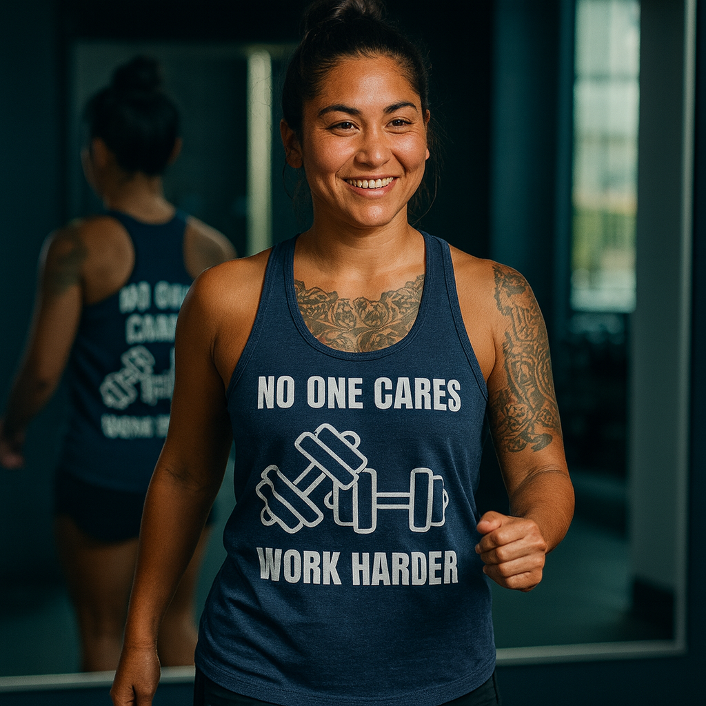"No One Cares. Work Harder" Women's Racerback Tank White Text Double Dumbbells by Dumbbells and Hotels