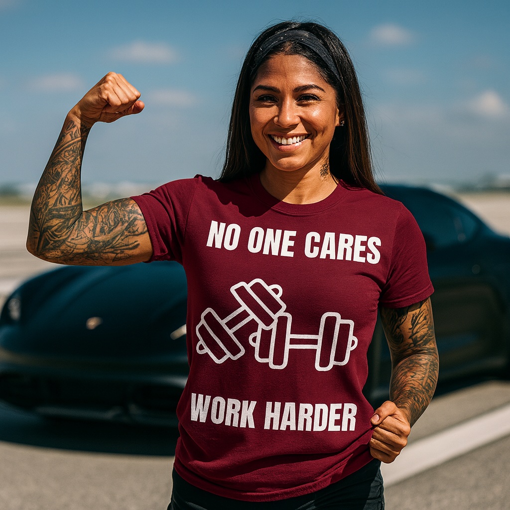 "No One Cares. Work Harder" Unisex Classic Tee White Text Double Dumbbells by Dumbbells and Hotels