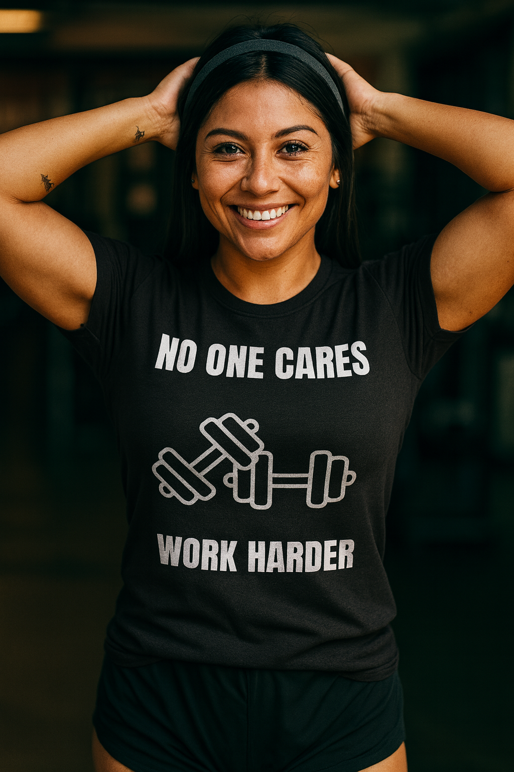"No One Cares. Work Harder" Unisex Classic Tee White Text Double Dumbbells by Dumbbells and Hotels