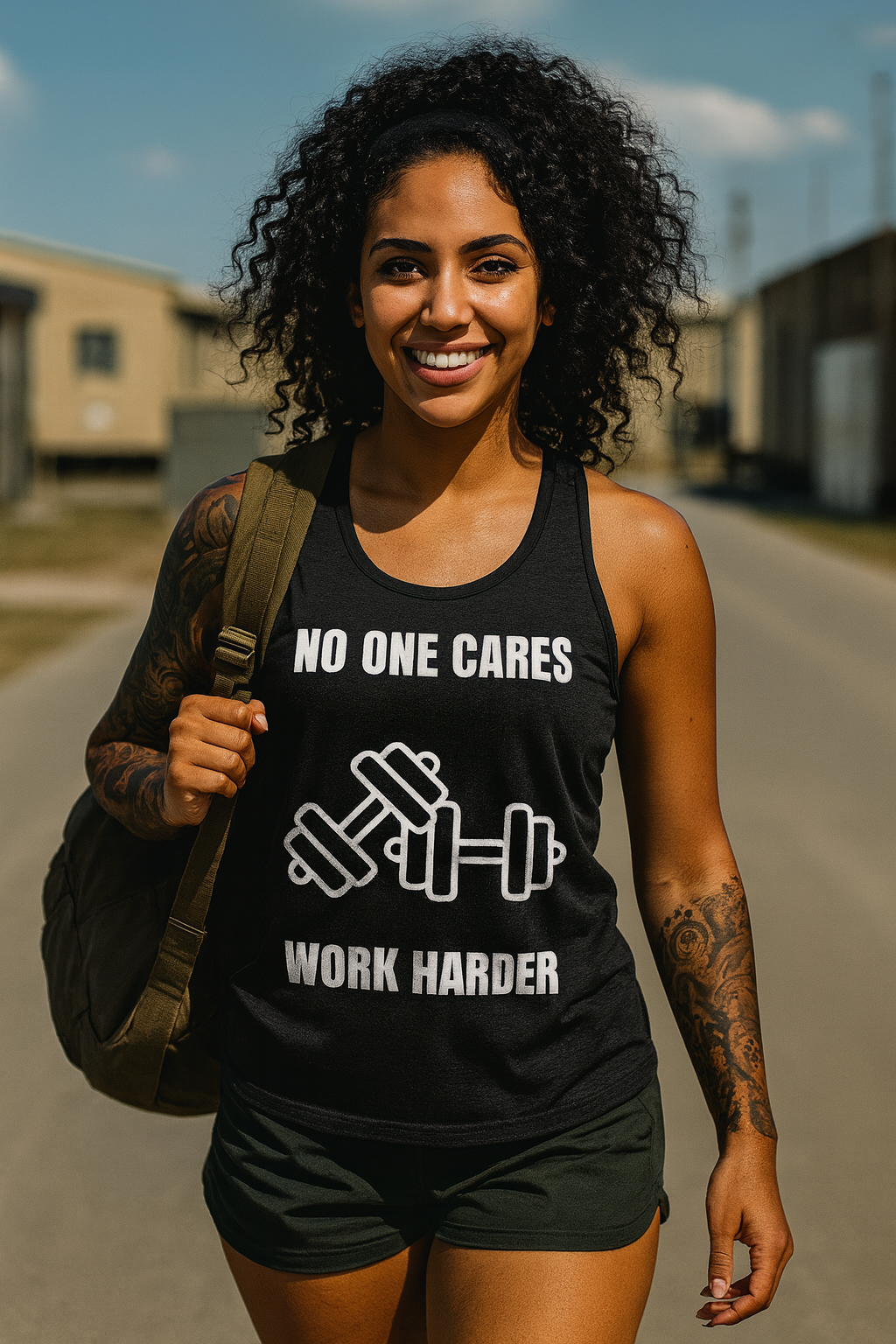 "No One Cares. Work Harder" Men's Tank Top White Text Double Dumbbells by Dumbbells and Hotels