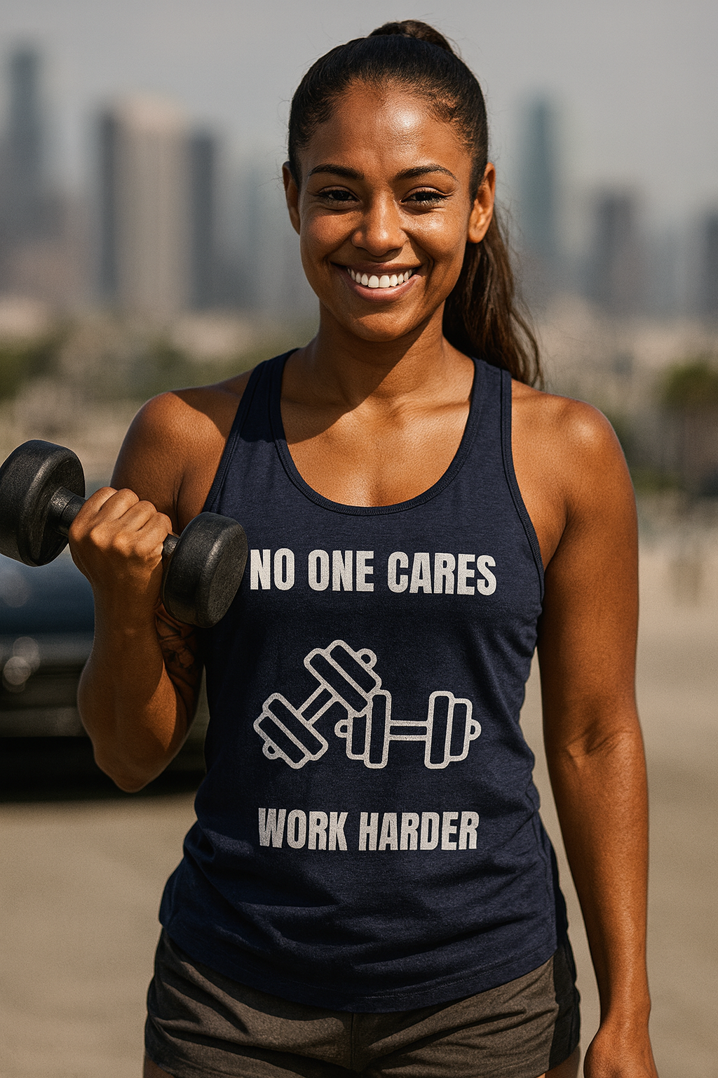 "No One Cares. Work Harder" Men's Tank Top White Text Double Dumbbells by Dumbbells and Hotels