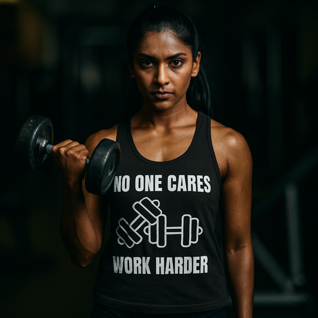 "No One Cares. Work Harder" Men's Tank Top White Text Impact by Dumbbells and Hotels