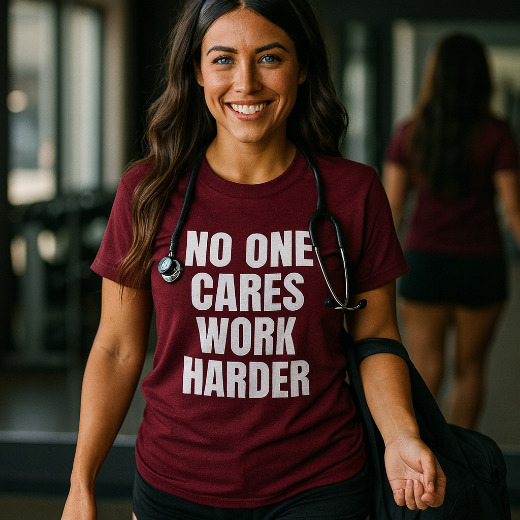 "No One Cares. Work Harder" Unisex Classic Tee White Text Impact by Dumbbells and Hotels