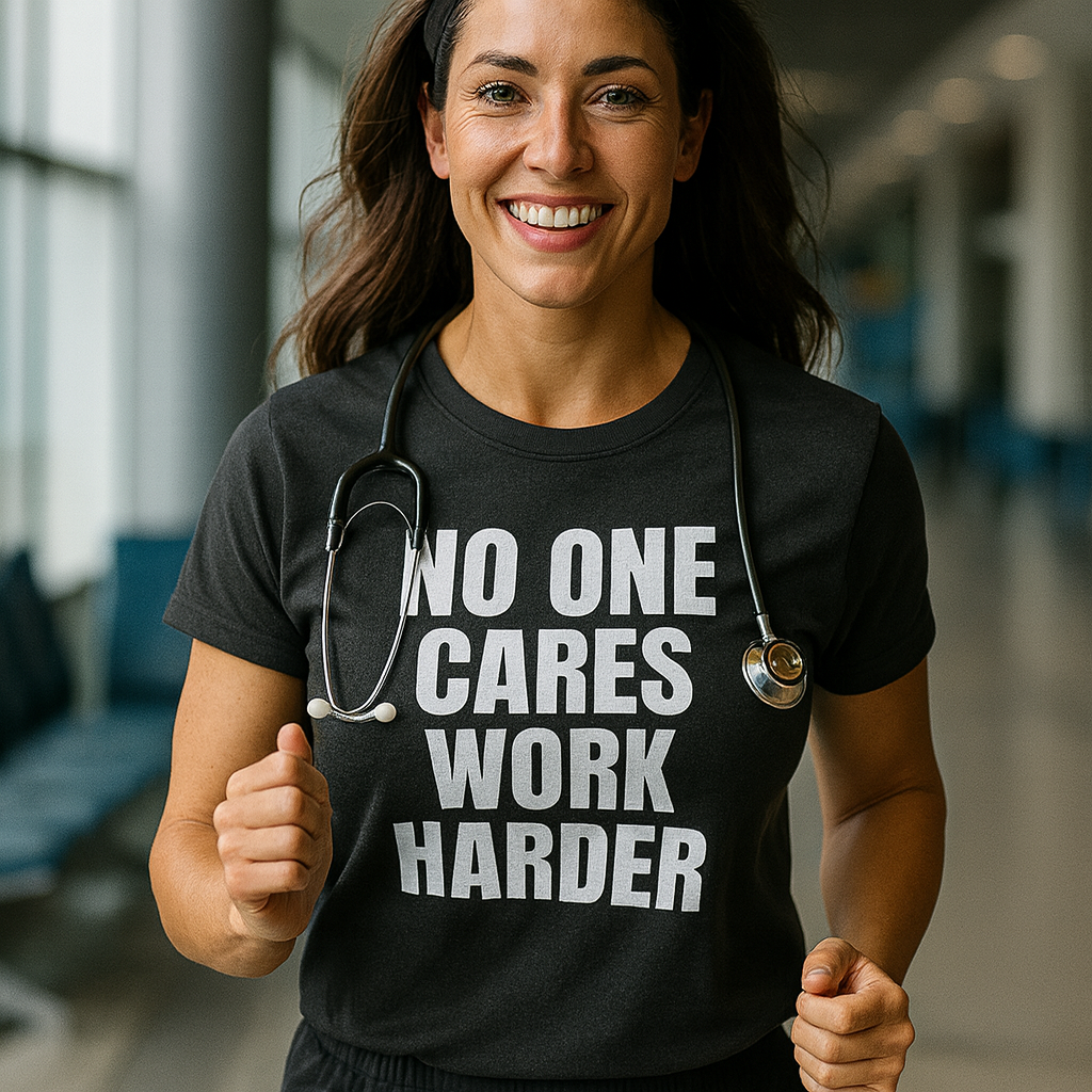 "No One Cares. Work Harder" Unisex Classic Tee White Text Impact by Dumbbells and Hotels
