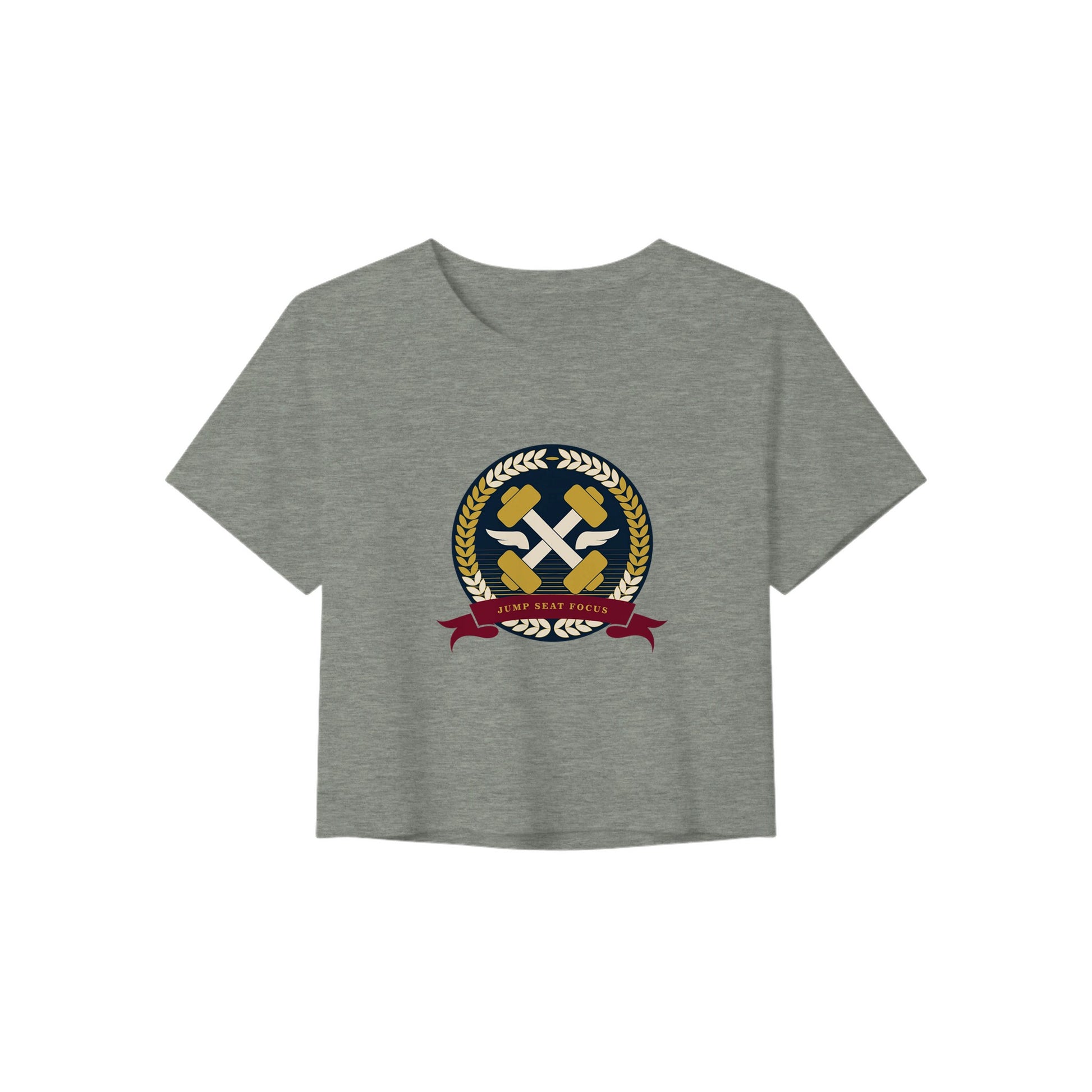 Dumbbells & Hotels women's crop tee with the Jump Seat Focus crest (gold laurel ring, crossed dumbbells over aviator wings, burgundy ribbon) - product shot 6 of 8