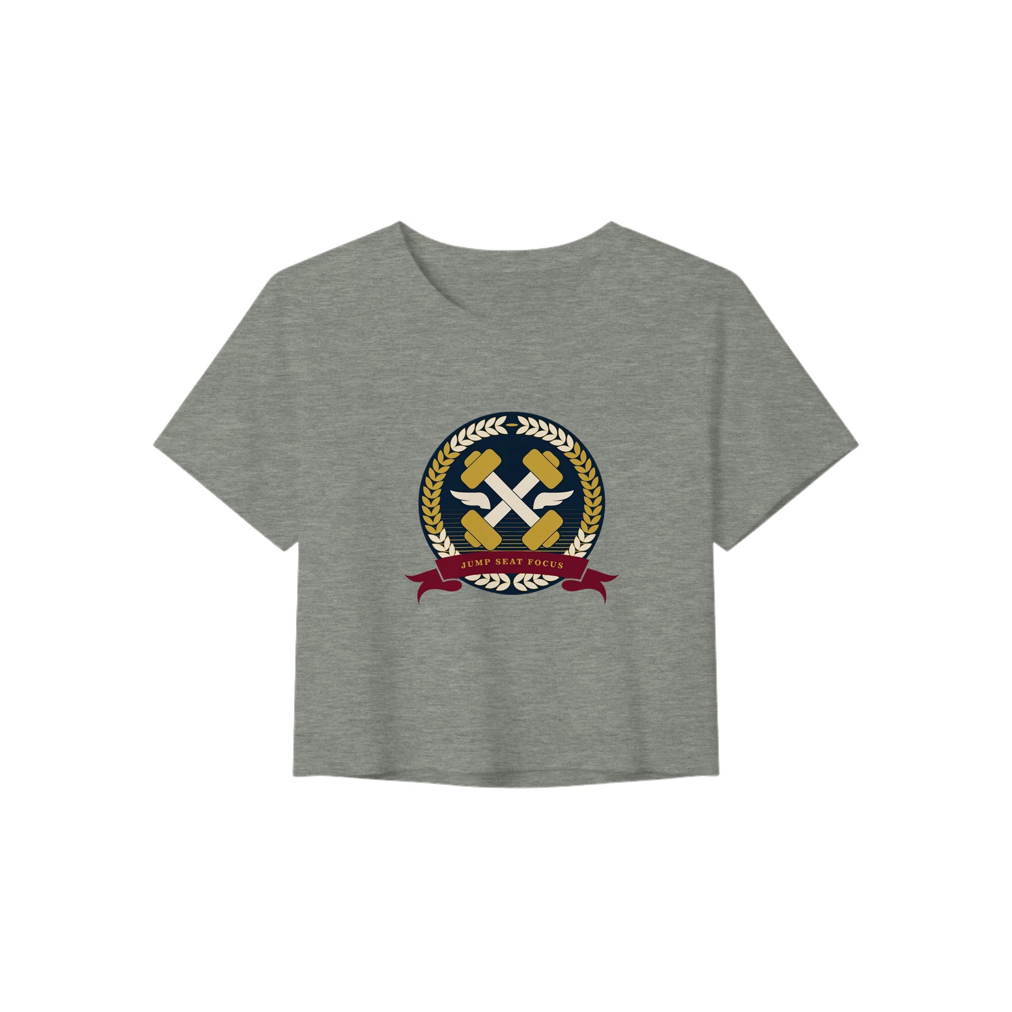Dumbbells & Hotels women's crop tee with the Jump Seat Focus crest (gold laurel ring, crossed dumbbells over aviator wings, burgundy ribbon) - product shot 6 of 8