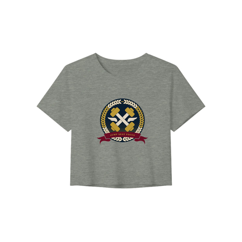 Dumbbells & Hotels women's crop tee with the Jump Seat Focus crest (gold laurel ring, crossed dumbbells over aviator wings, burgundy ribbon) - product shot 6 of 8