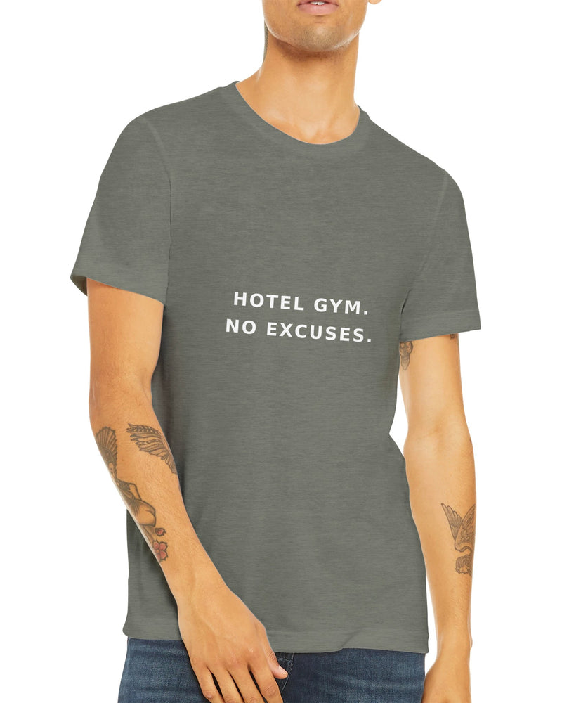 unisex triblend travel tee with white Hotel Gym. No Excuses. typography print