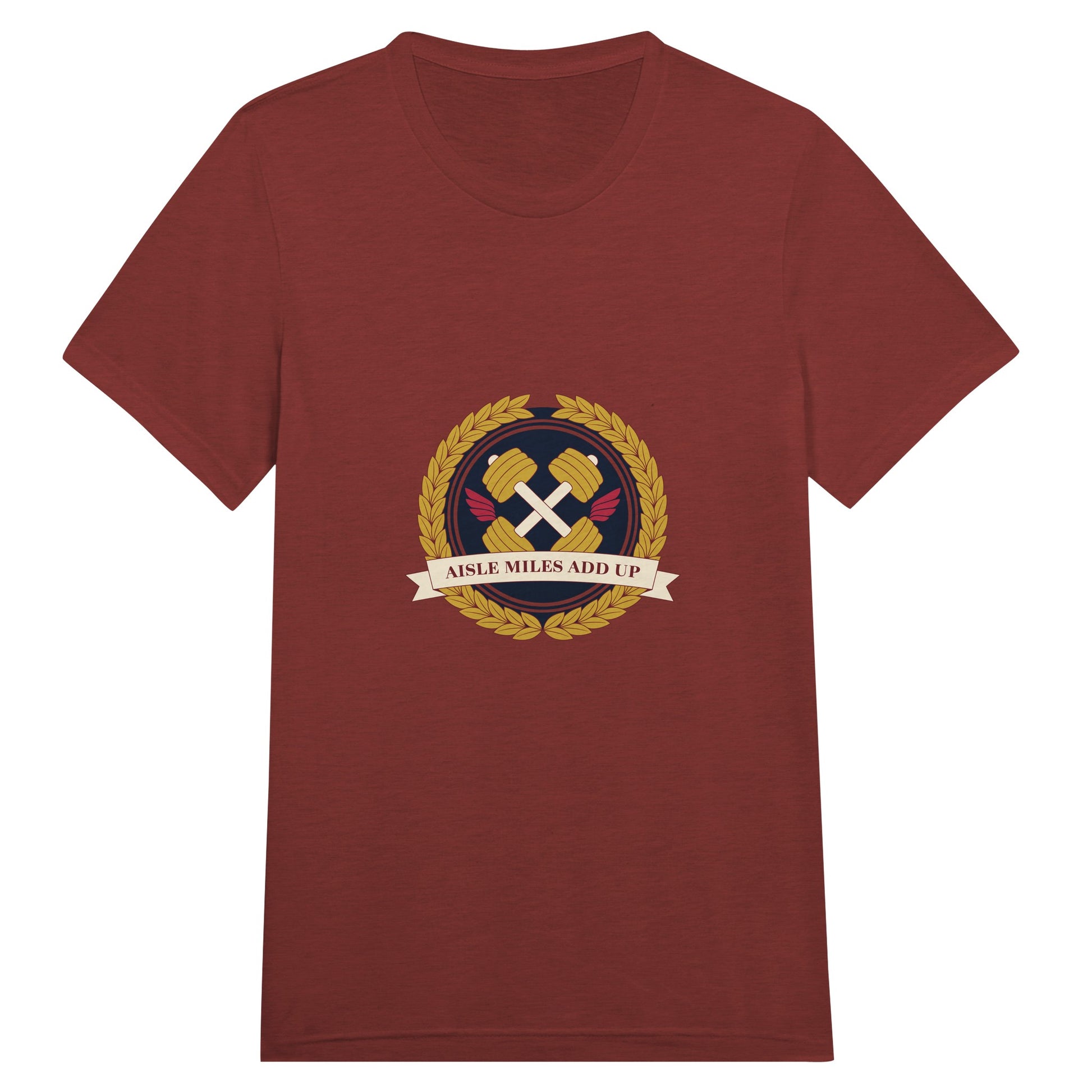 Aisle Miles Add Up frequent flyer travel tee, flat lay 5 — Dumbbells & Hotels