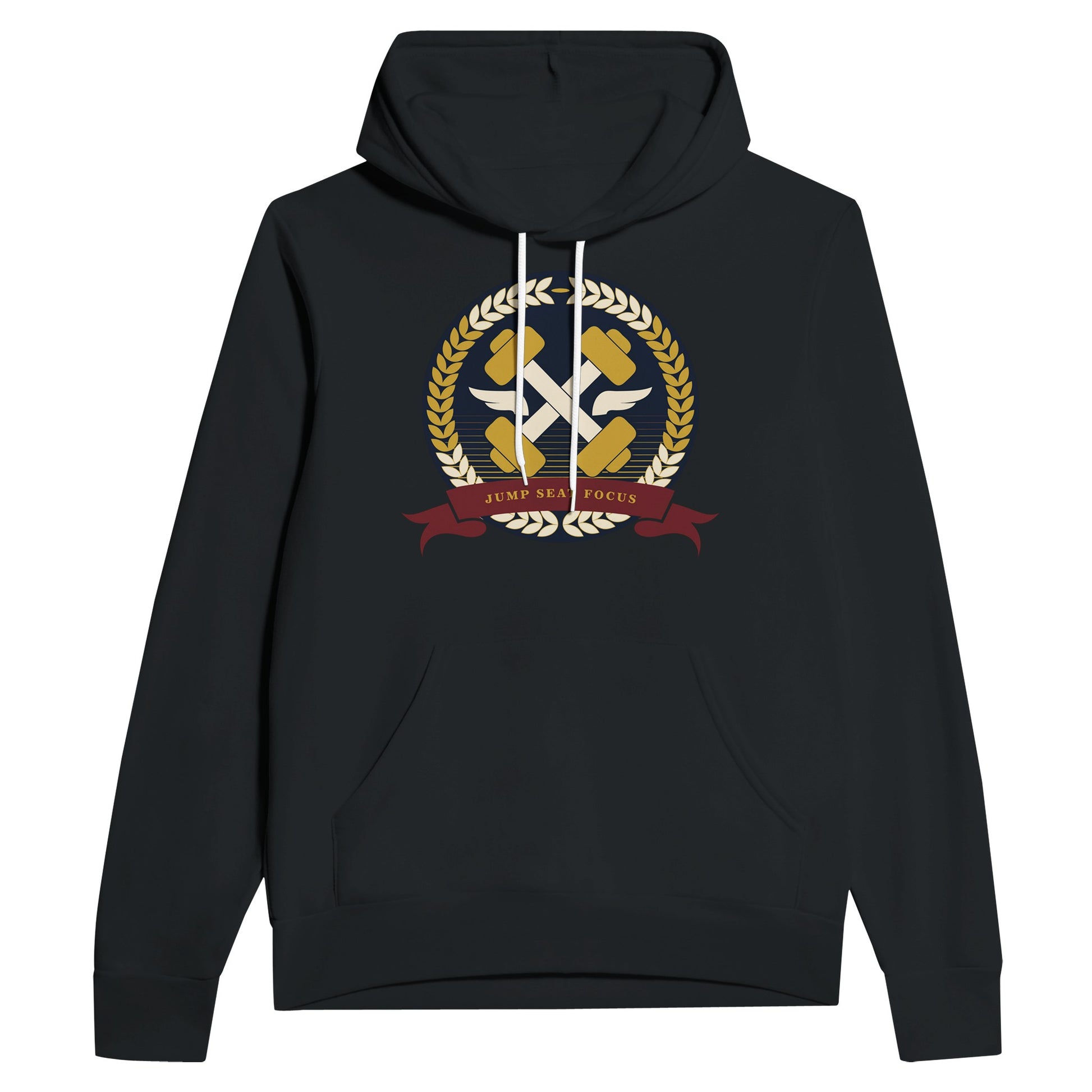 Dumbbells & Hotels unisex pullover hoodie with the Jump Seat Focus crest (gold laurel ring, crossed dumbbells over aviator wings, burgundy ribbon) - product shot 5 of 12