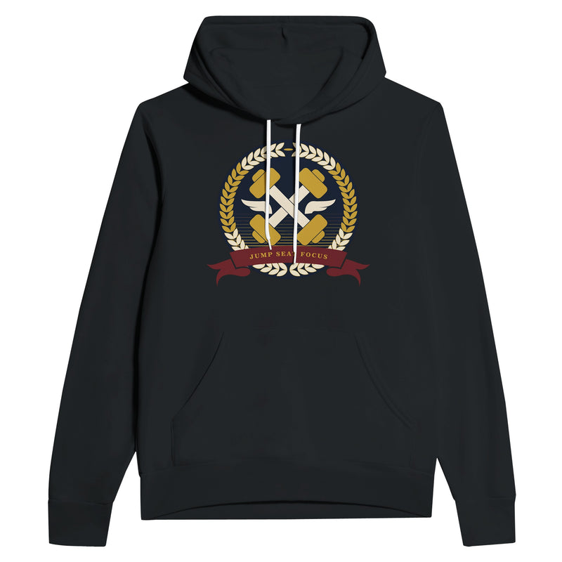Dumbbells & Hotels unisex pullover hoodie with the Jump Seat Focus crest (gold laurel ring, crossed dumbbells over aviator wings, burgundy ribbon) - product shot 5 of 12