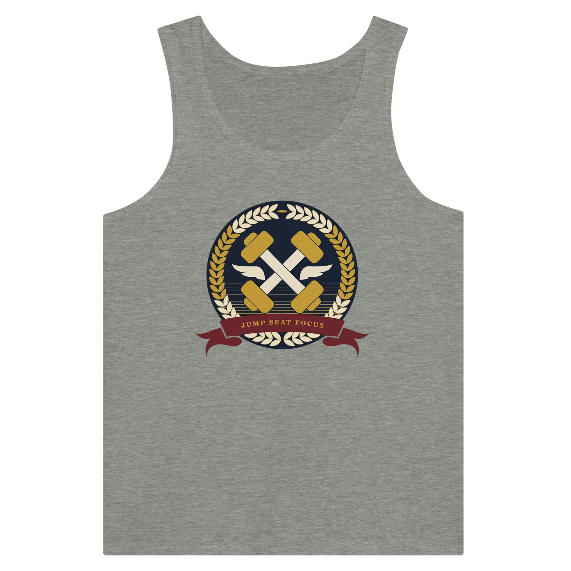 Dumbbells & Hotels unisex tank top with the Jump Seat Focus crest (gold laurel ring, crossed dumbbells over aviator wings, burgundy ribbon) - product shot 1 of 18