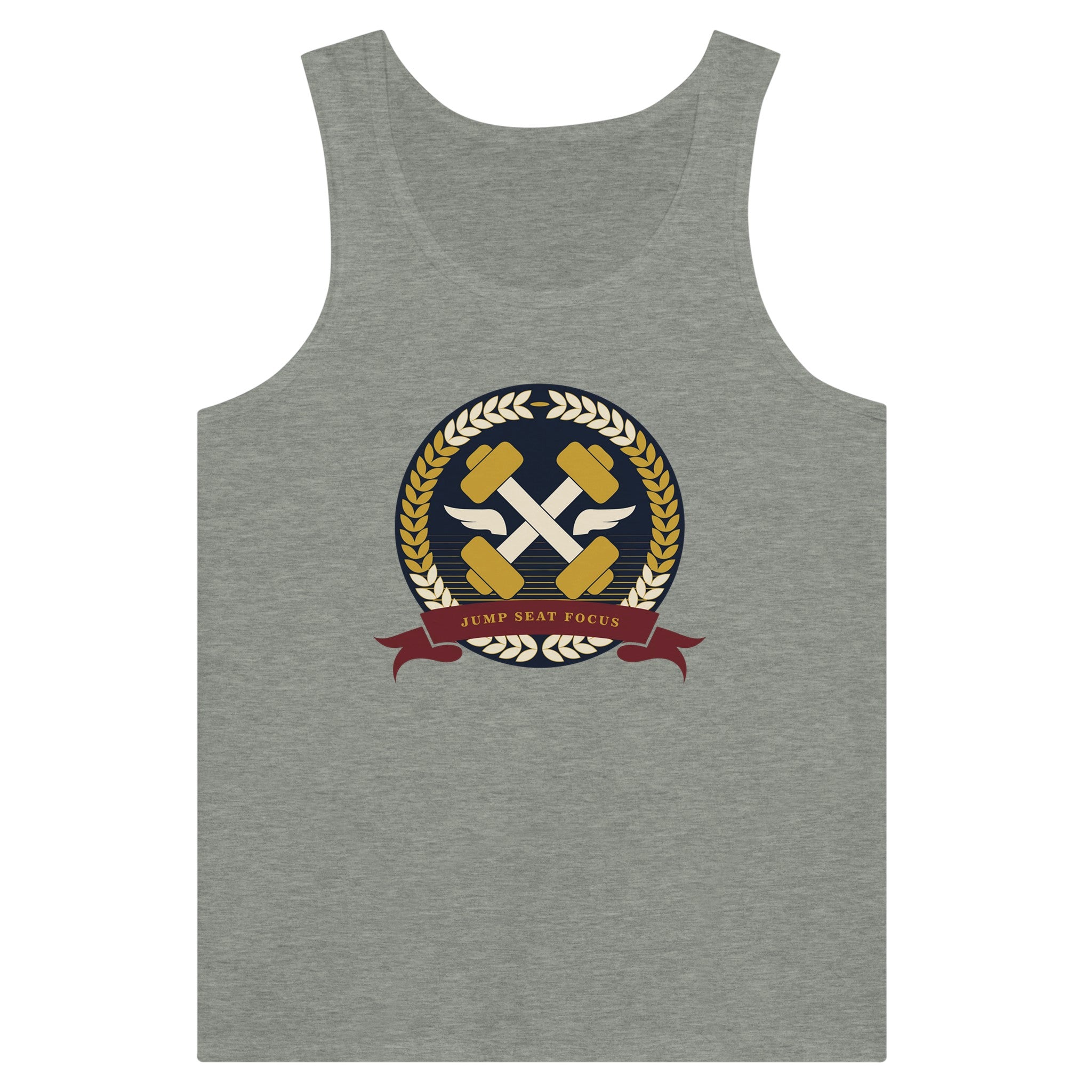 Dumbbells & Hotels unisex tank top with the Jump Seat Focus crest (gold laurel ring, crossed dumbbells over aviator wings, burgundy ribbon) - product shot 1 of 18