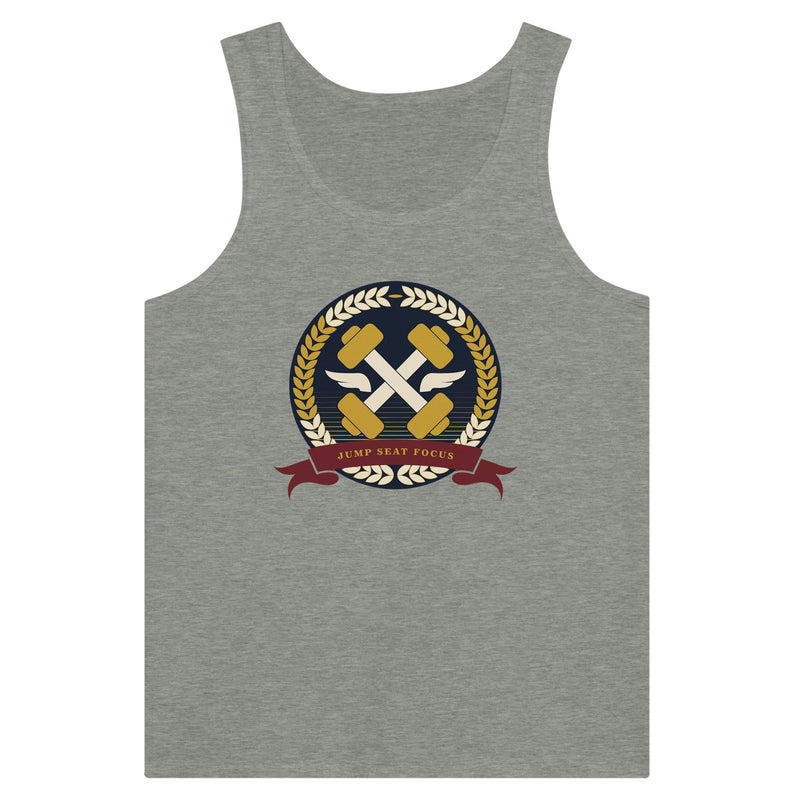 Dumbbells & Hotels unisex tank top with the Jump Seat Focus crest (gold laurel ring, crossed dumbbells over aviator wings, burgundy ribbon) - product shot 1 of 18