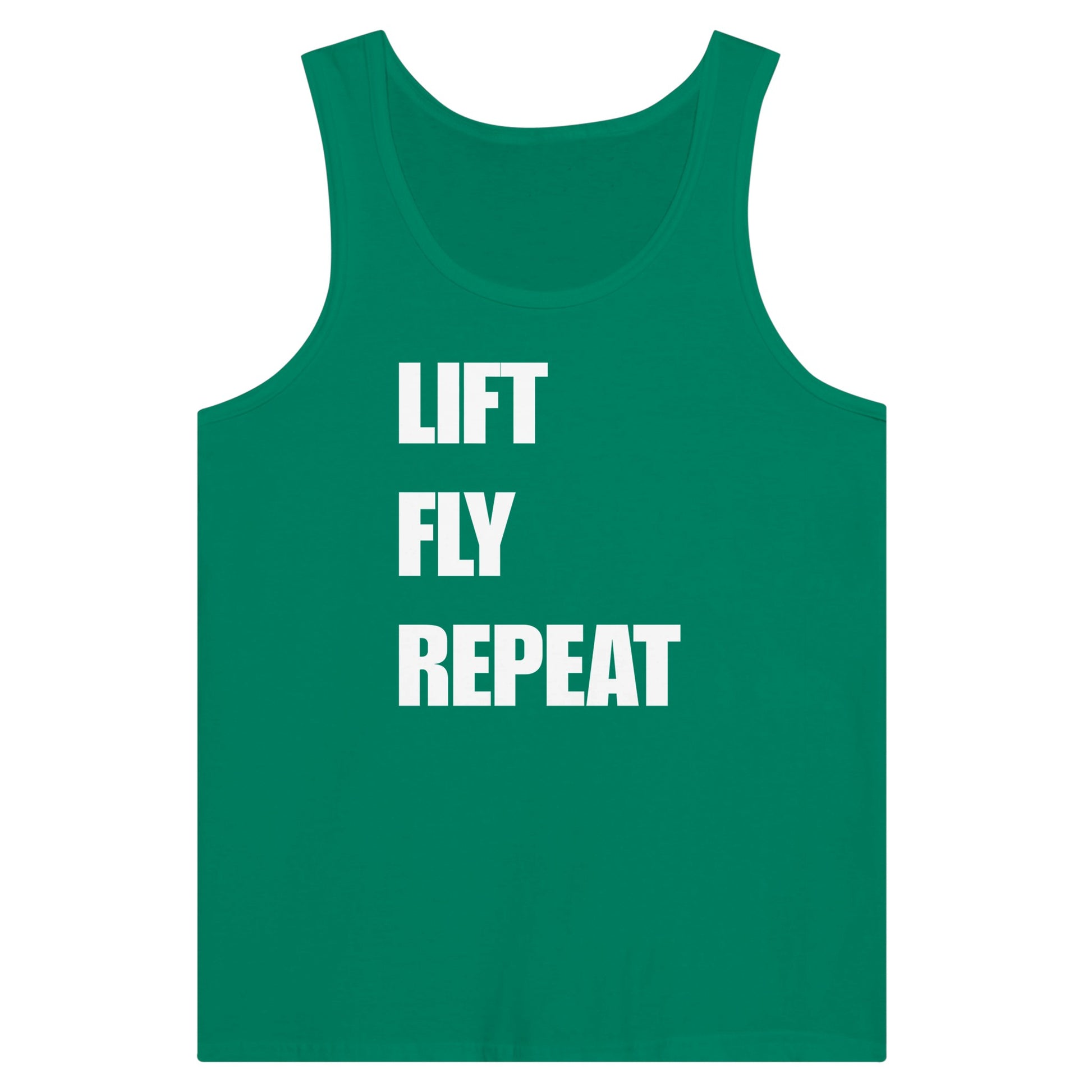 Dumbbells & Hotels unisex tank top with the Lift Fly Repeat graphic - product shot 2 of 18