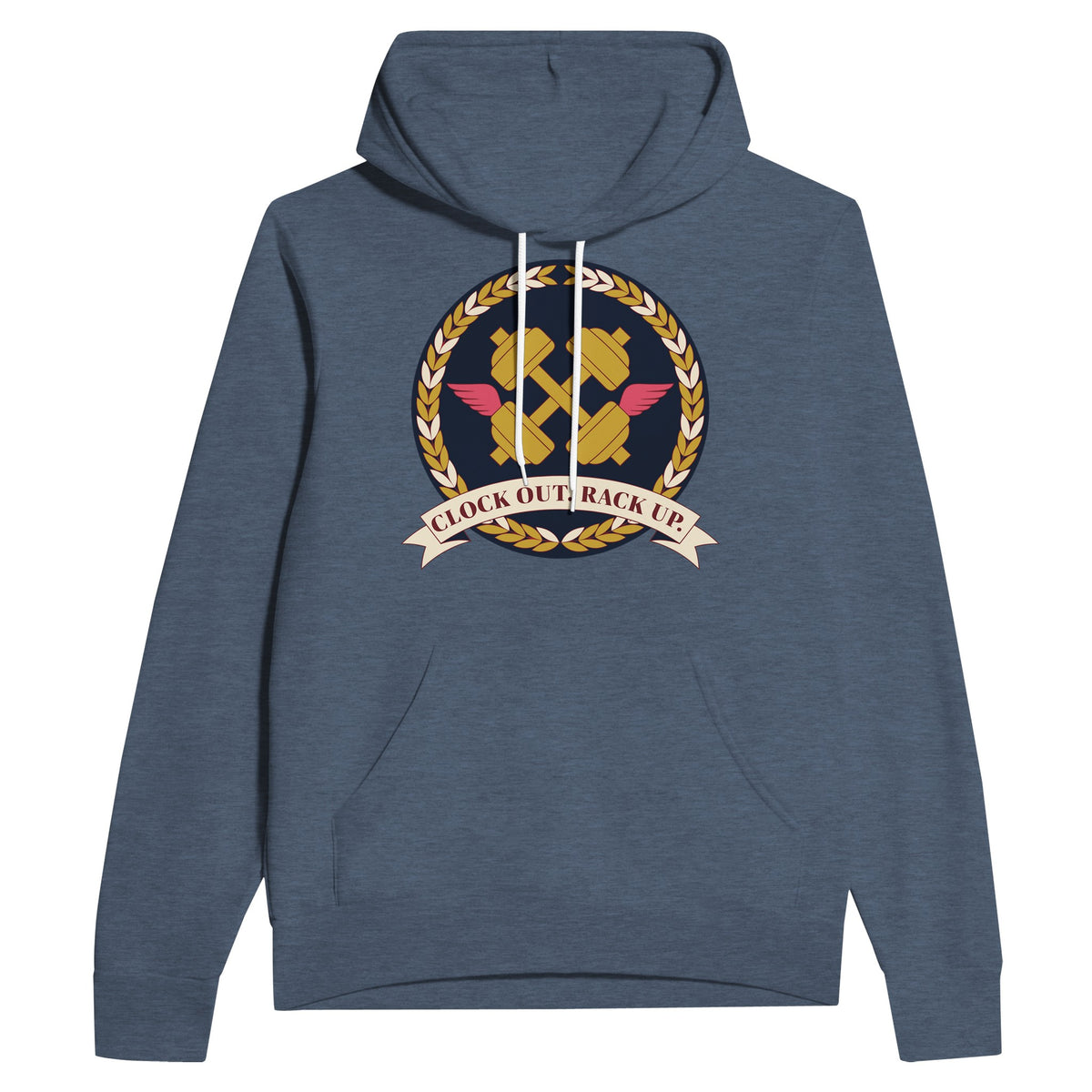 Clock Out. Rack Up. crest design on a Dumbbells and Hotels unisex pullover hoodie