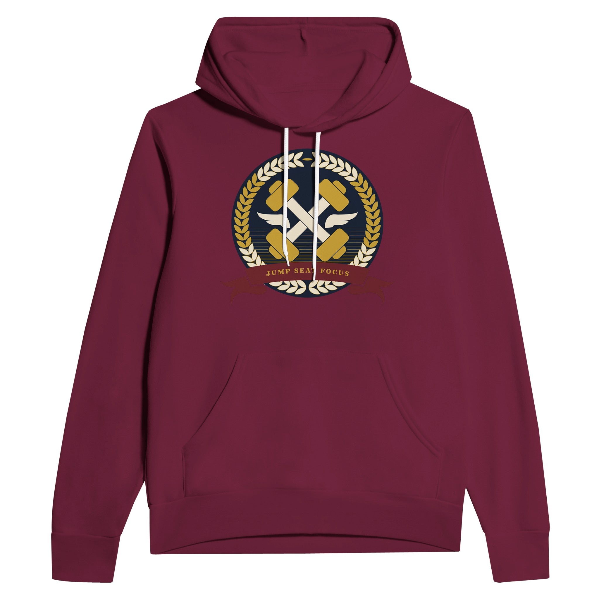 Dumbbells & Hotels unisex pullover hoodie with the Jump Seat Focus crest (gold laurel ring, crossed dumbbells over aviator wings, burgundy ribbon) - product shot 8 of 12