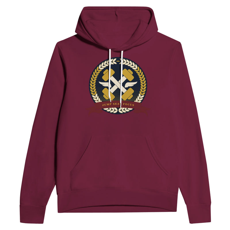 Dumbbells & Hotels unisex pullover hoodie with the Jump Seat Focus crest (gold laurel ring, crossed dumbbells over aviator wings, burgundy ribbon) - product shot 8 of 12