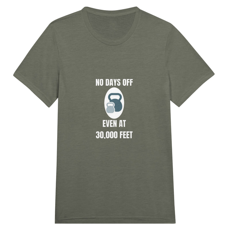 No Days Off Even at 30,000 Feet unisex triblend tee in Military Green Triblend — packable travel training apparel from Dumbbells & Hotels
