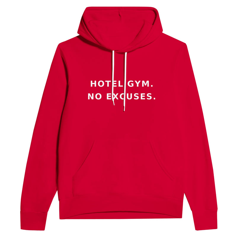unisex midweight travel hoodie with white Hotel Gym. No Excuses. statement print