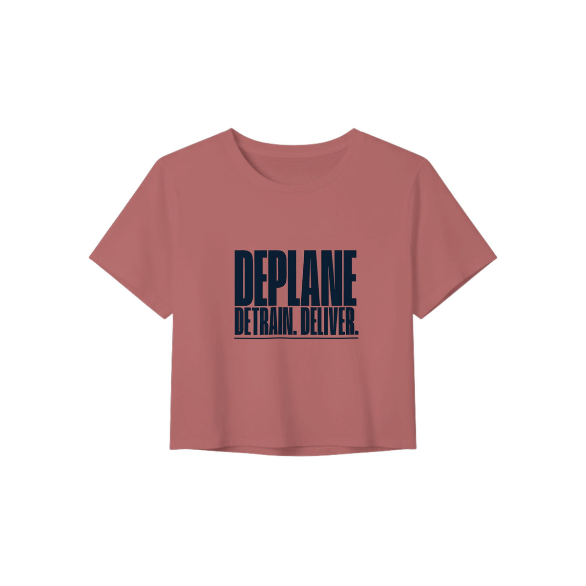 Deplane. Detrain. Deliver. crop tee, Dumbbells and Hotels, colorway flat lay