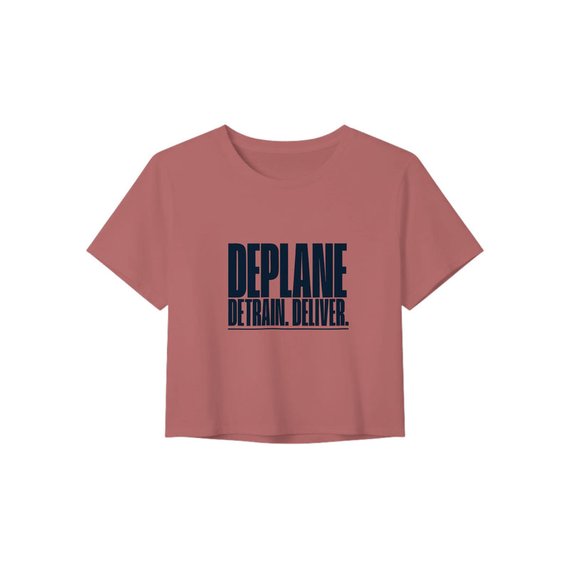Deplane. Detrain. Deliver. crop tee, Dumbbells and Hotels, colorway flat lay