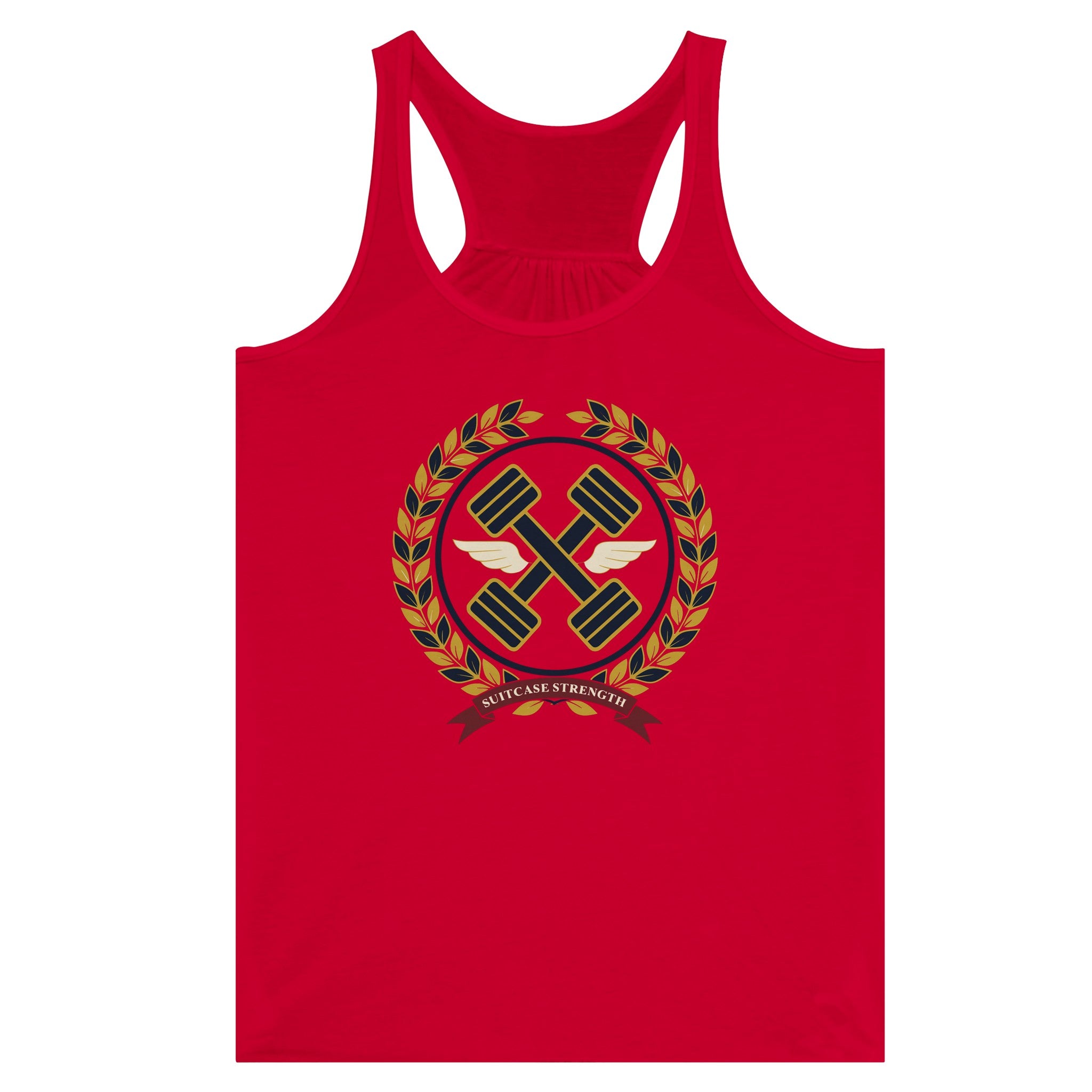 Suitcase Strength women's flowy racerback tank for travelling professionals, printed with a gold laurel-wreath crest with navy crossed dumbbells, cream aviator wings and a SUITCASE STRENGTH ribbon — product photo 9 of 13