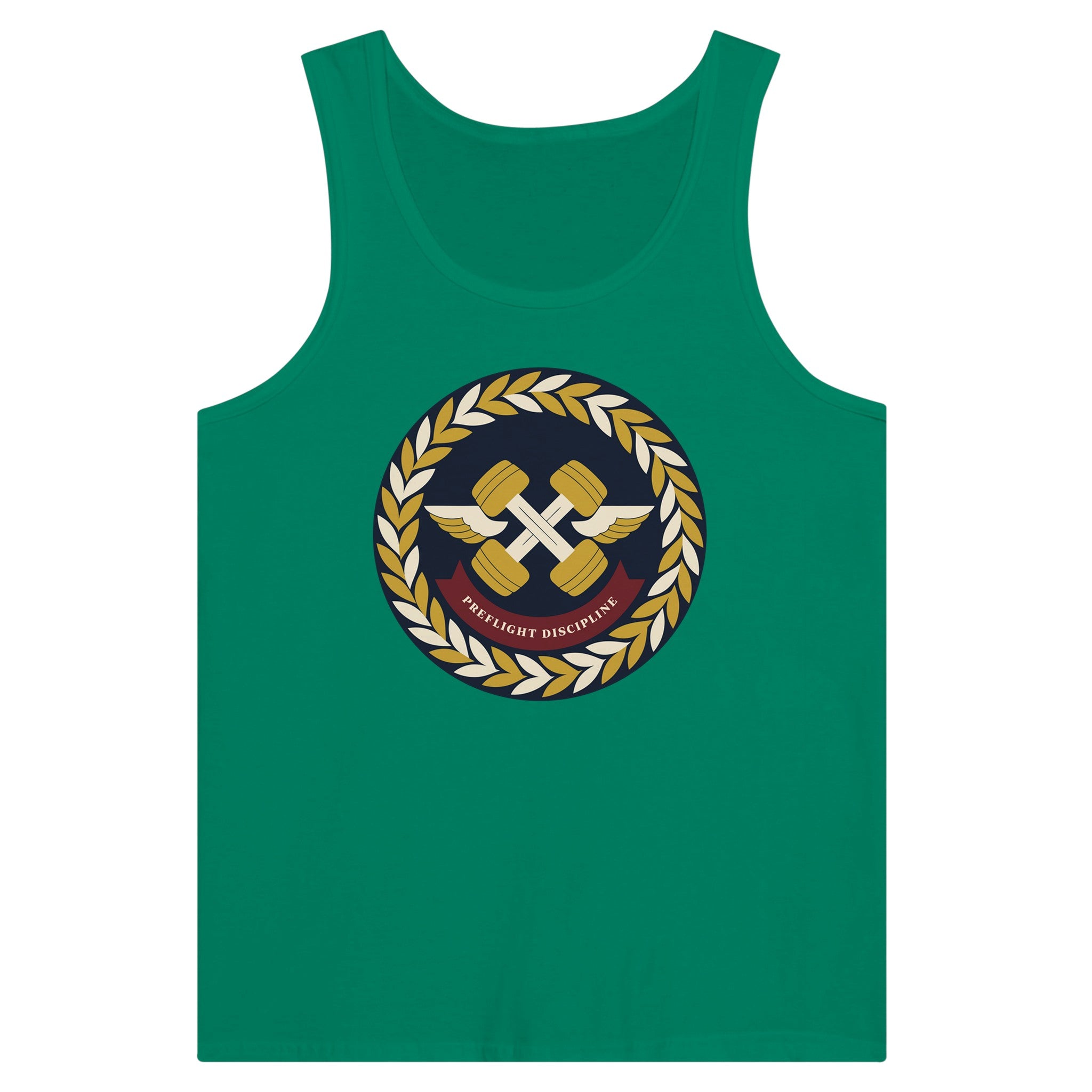 Preflight Discipline unisex tank top for travelling professionals, printed with a laurel-wreath crest with crossed dumbbells, aviator wings and a PREFLIGHT DISCIPLINE banner — product photo 2 of 18