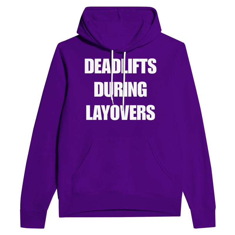 Deadlifts During Layovers travel hoodie — flight-tested travel fitness apparel for the road warrior | Dumbbells & Hotels