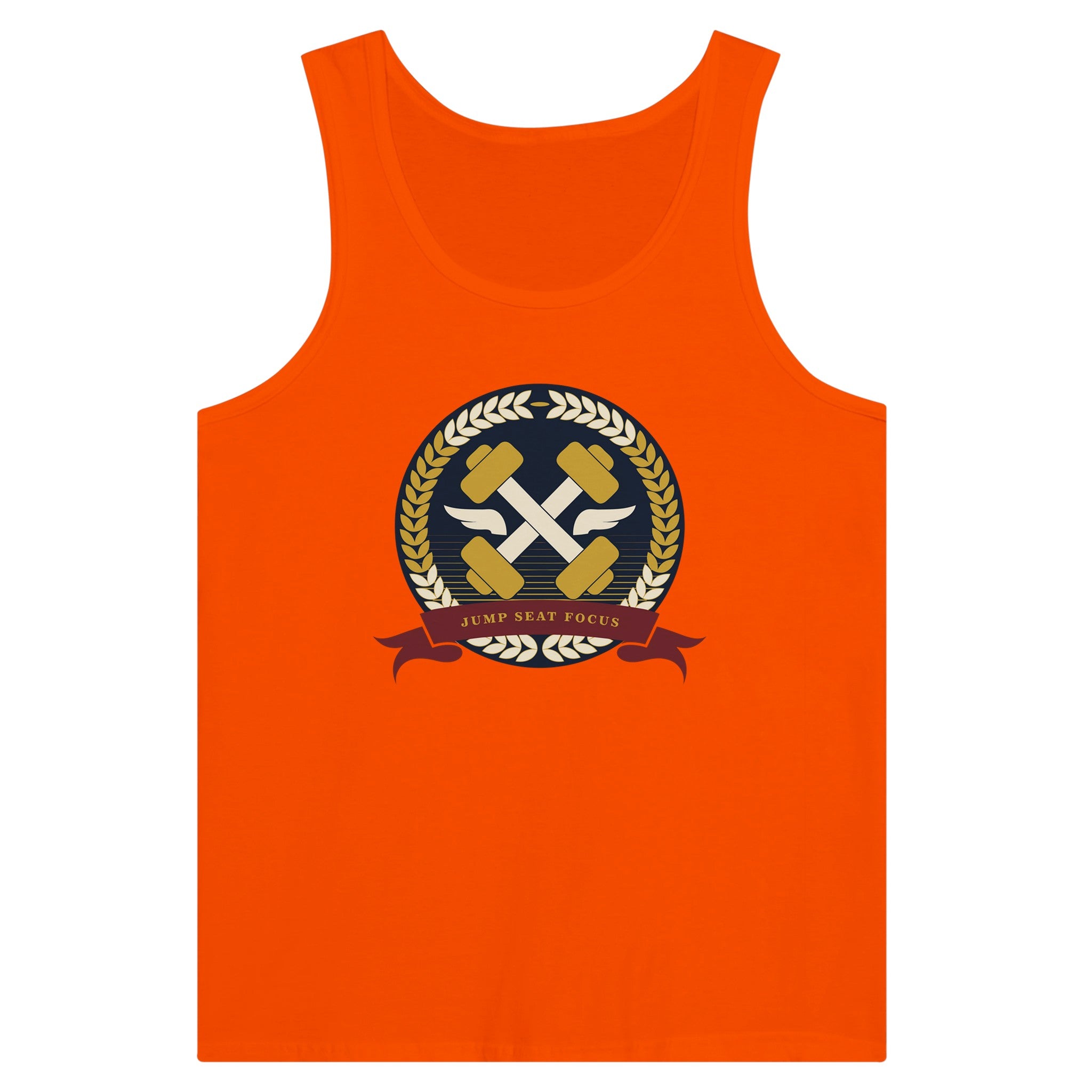 Dumbbells & Hotels unisex tank top with the Jump Seat Focus crest (gold laurel ring, crossed dumbbells over aviator wings, burgundy ribbon) - product shot 6 of 18