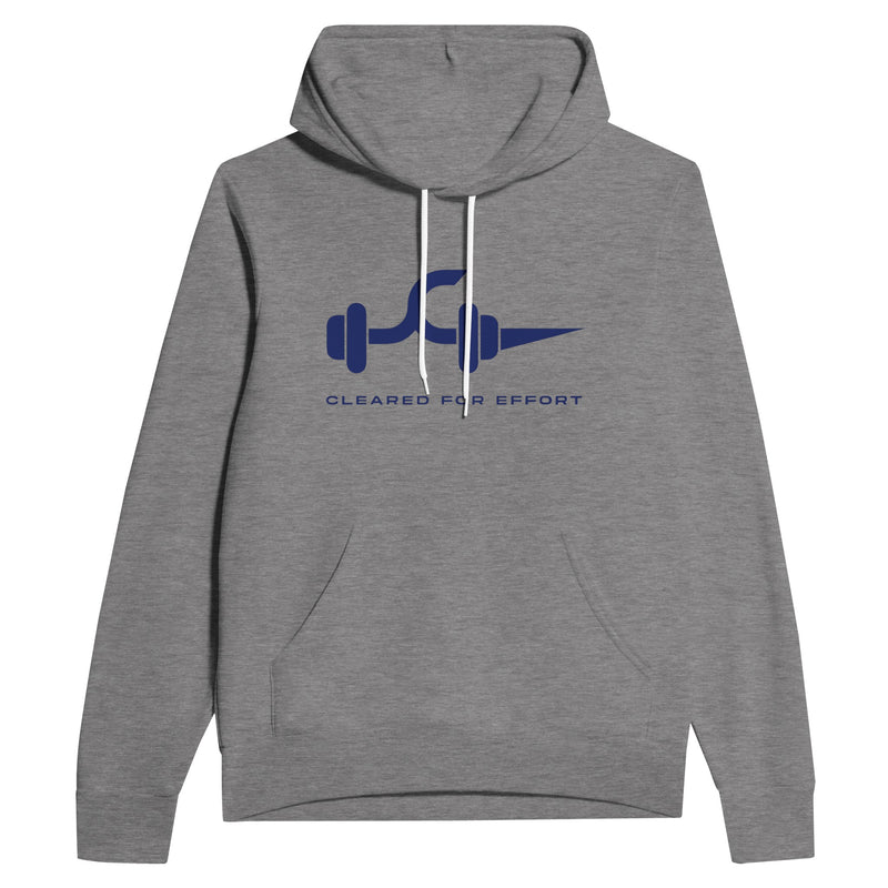 Cleared for Effort layover hoodie, dumbbell and flight-path graphic, front view