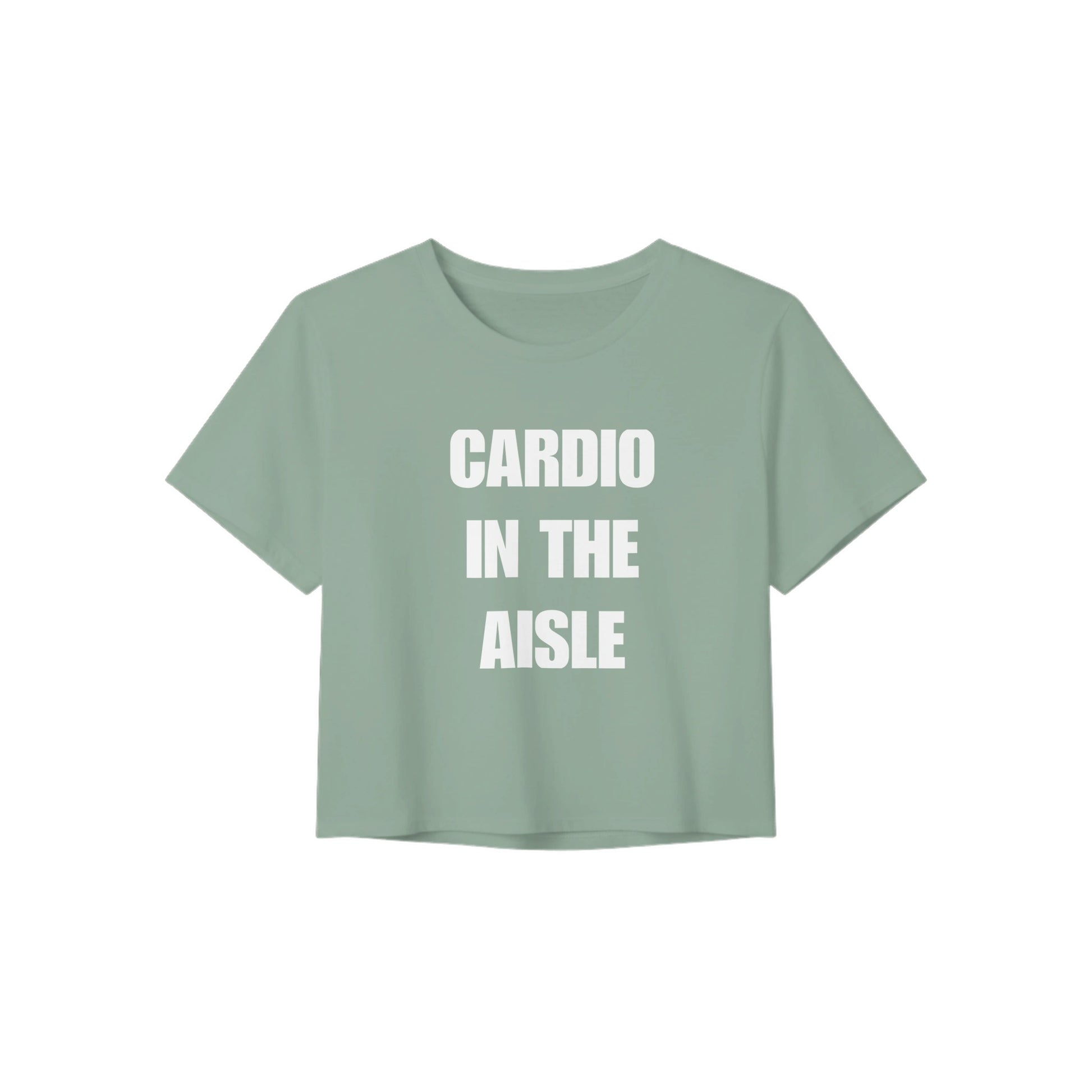 women's crop top front view, white Cardio in the Aisle graphic, road warrior travel workout gear