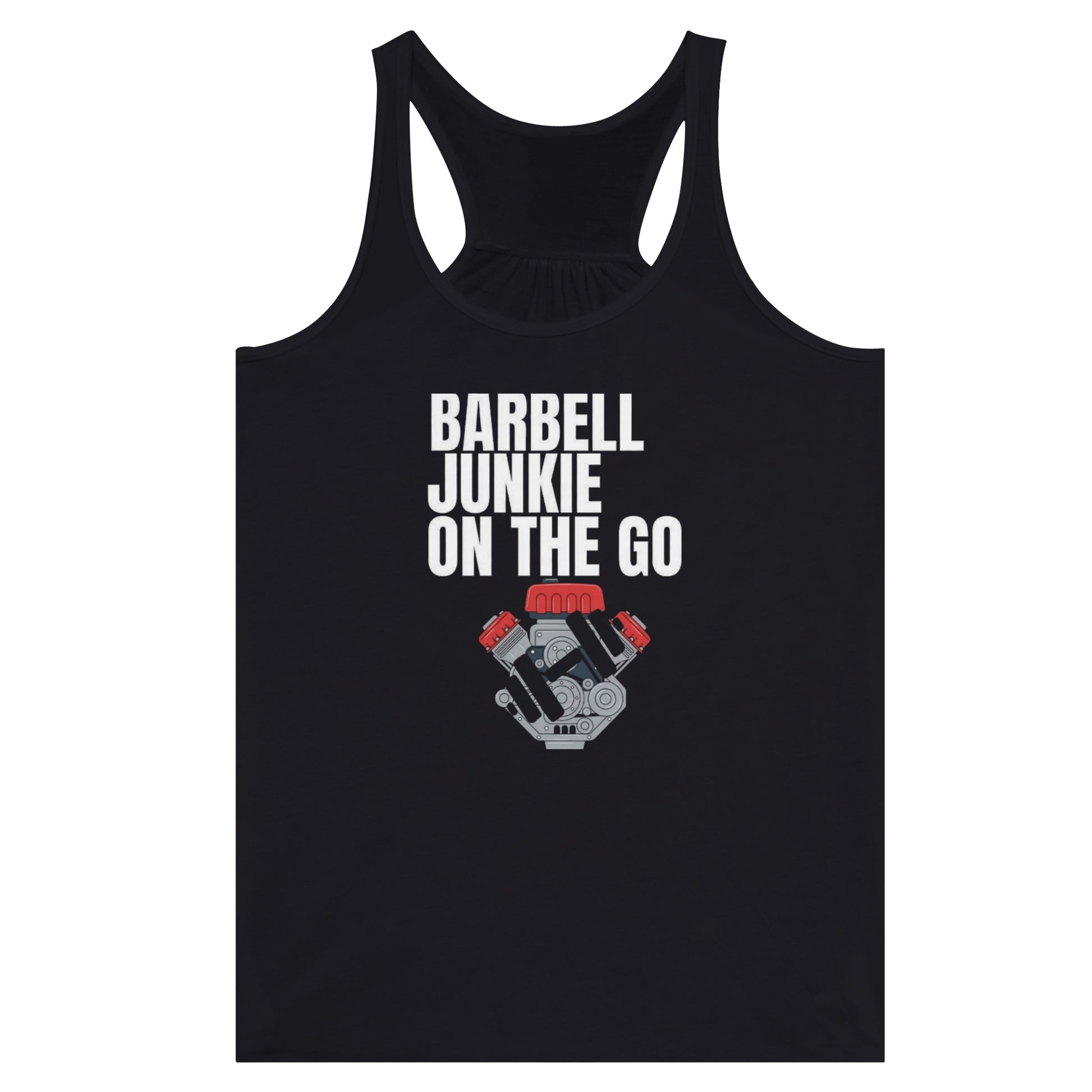 Barbell Junkie on the Go women's travel racerback tank by Dumbbells & Hotels — road warrior gym apparel