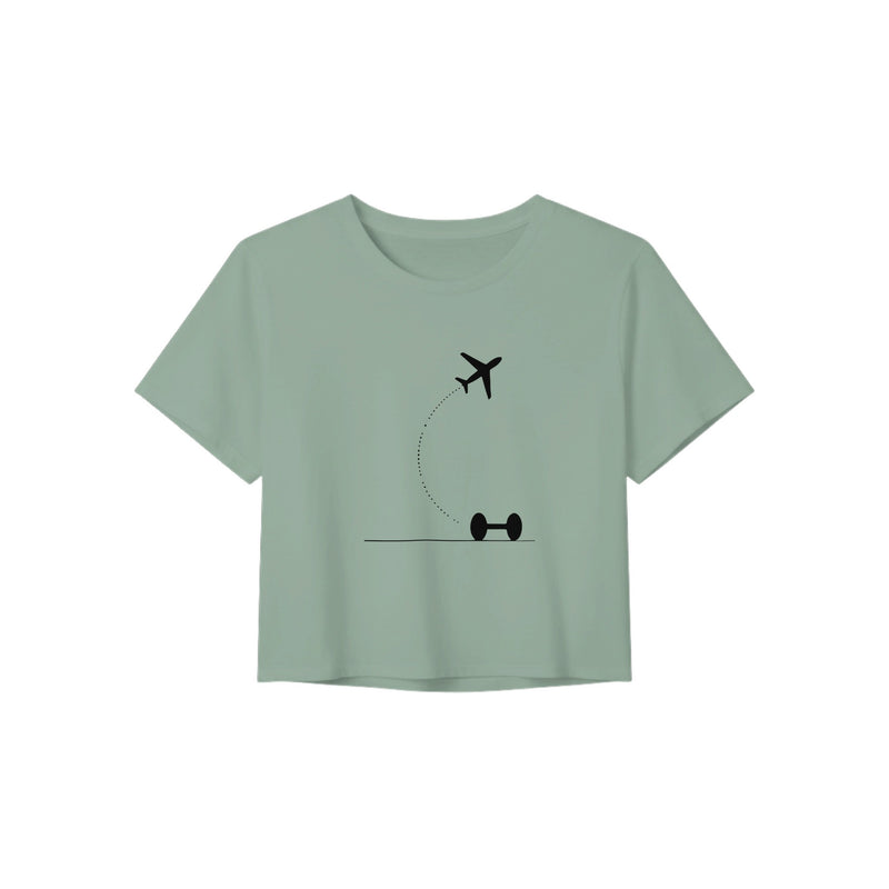 Dusty Blue Hotel Key, Fitness Key cropped tee, flight-path dumbbell design