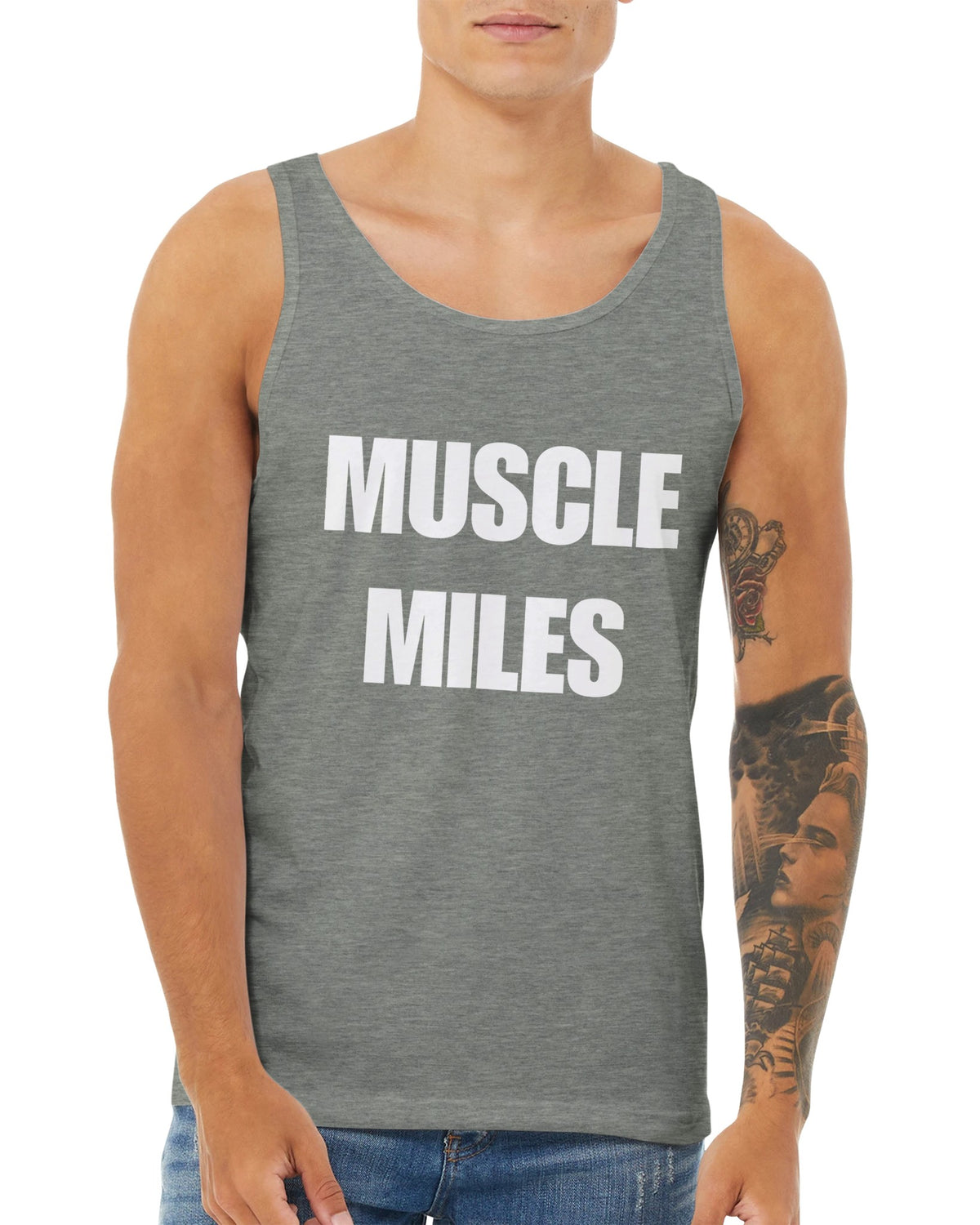 Muscle Miles tank top on-model, three-quarter view