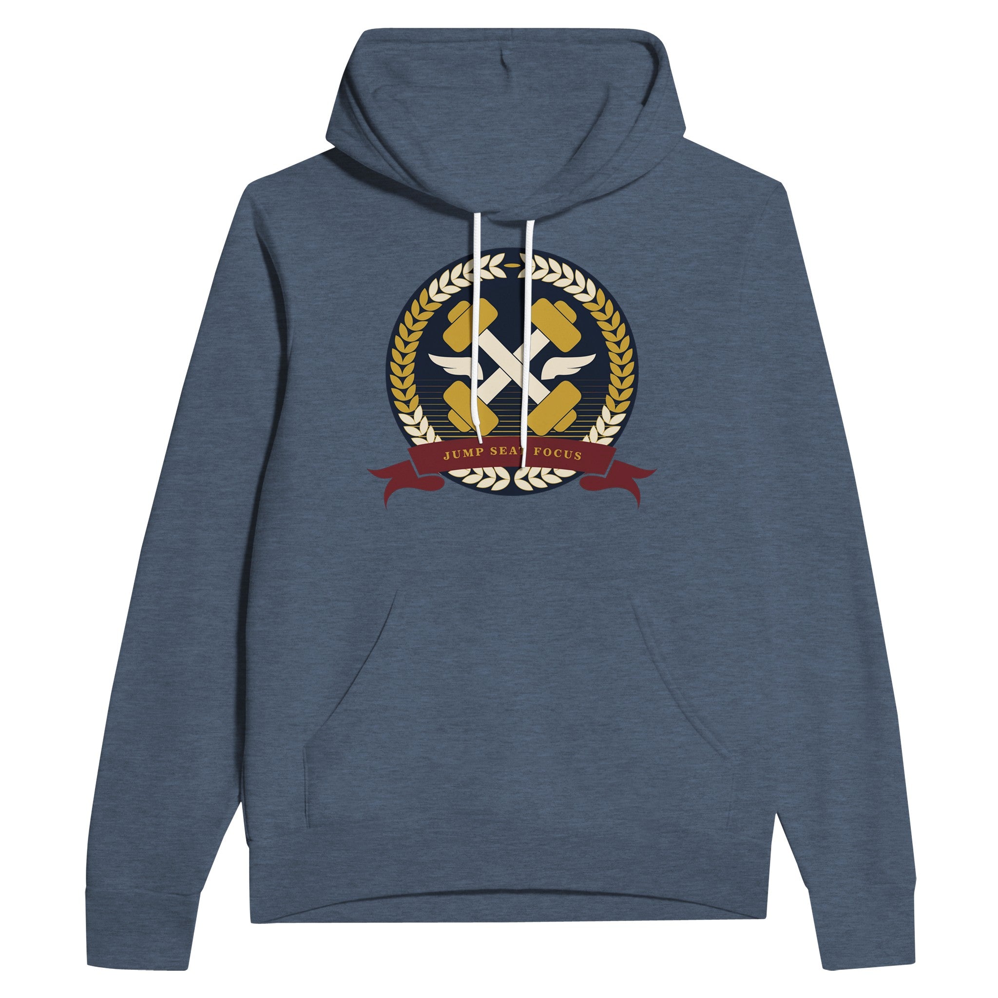 Dumbbells & Hotels unisex pullover hoodie with the Jump Seat Focus crest (gold laurel ring, crossed dumbbells over aviator wings, burgundy ribbon) - product shot 4 of 12