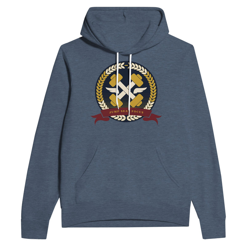 Dumbbells & Hotels unisex pullover hoodie with the Jump Seat Focus crest (gold laurel ring, crossed dumbbells over aviator wings, burgundy ribbon) - product shot 4 of 12