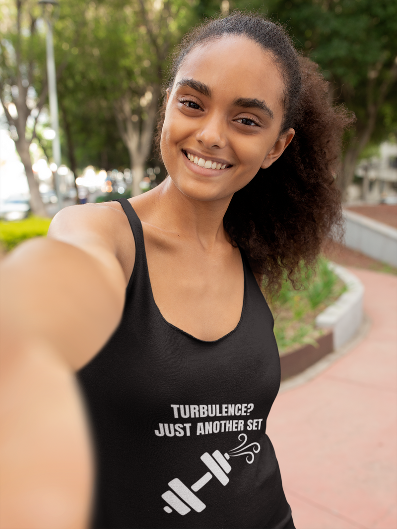 Road warrior women's racerback tank selfie at park - veteran founded travel fitness apparel