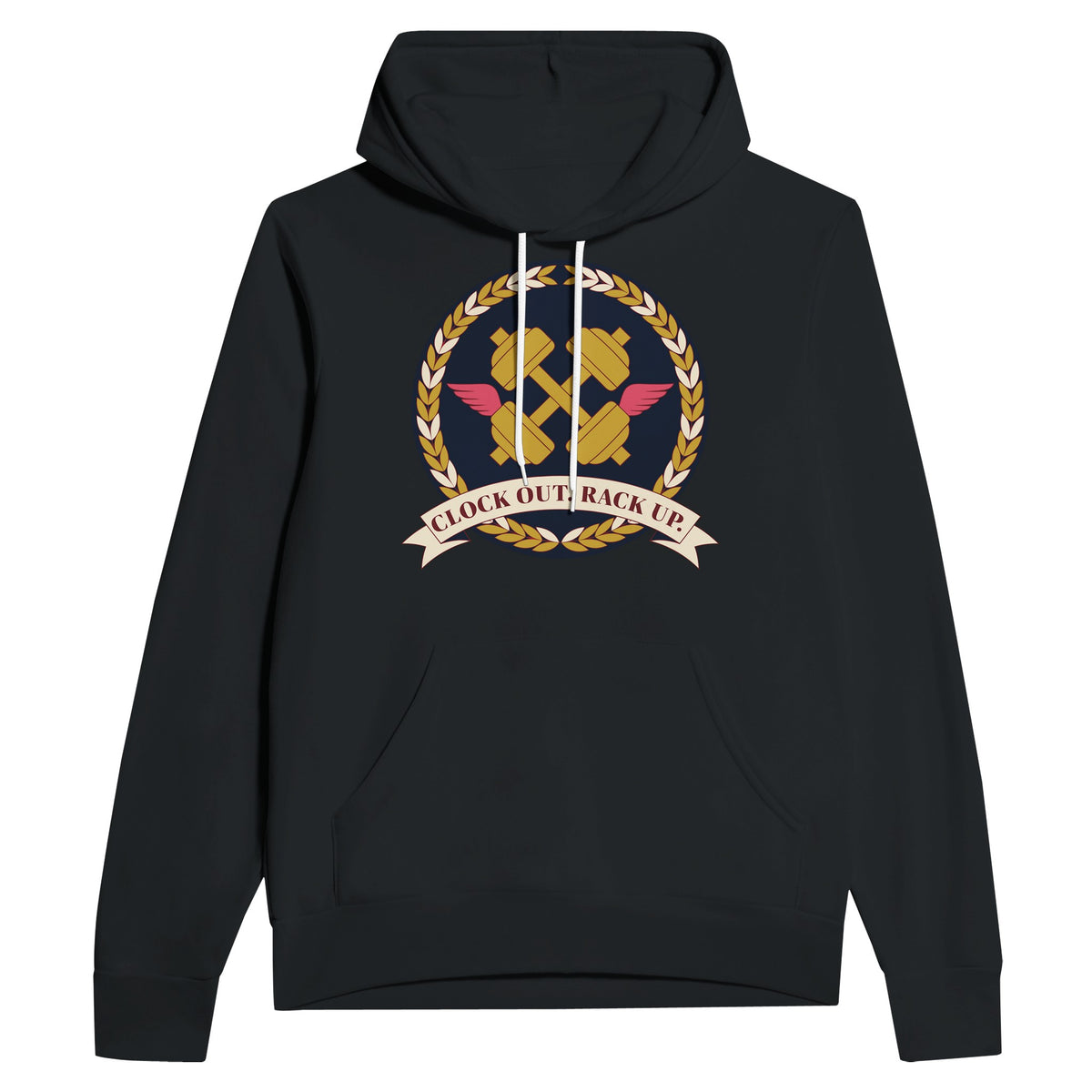 Clock Out. Rack Up. crest design on a Dumbbells and Hotels unisex pullover hoodie