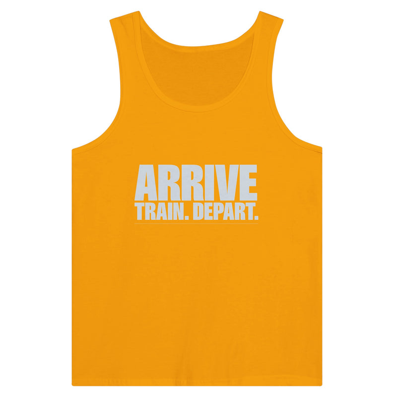 Arrive. Train. Depart. Tank | Dumbbells & Hotels - Arrive. Train. Depart. design, tank product photo