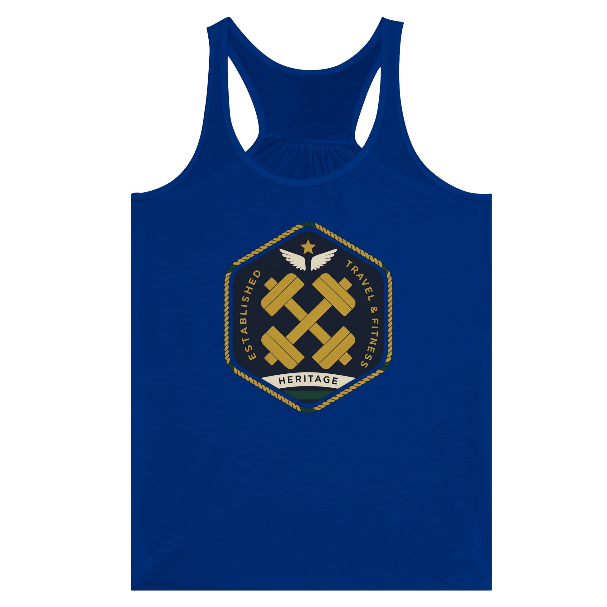 Heritage Standard crest-emblem flowy racerback tank, Dumbbells & Hotels road warrior apparel