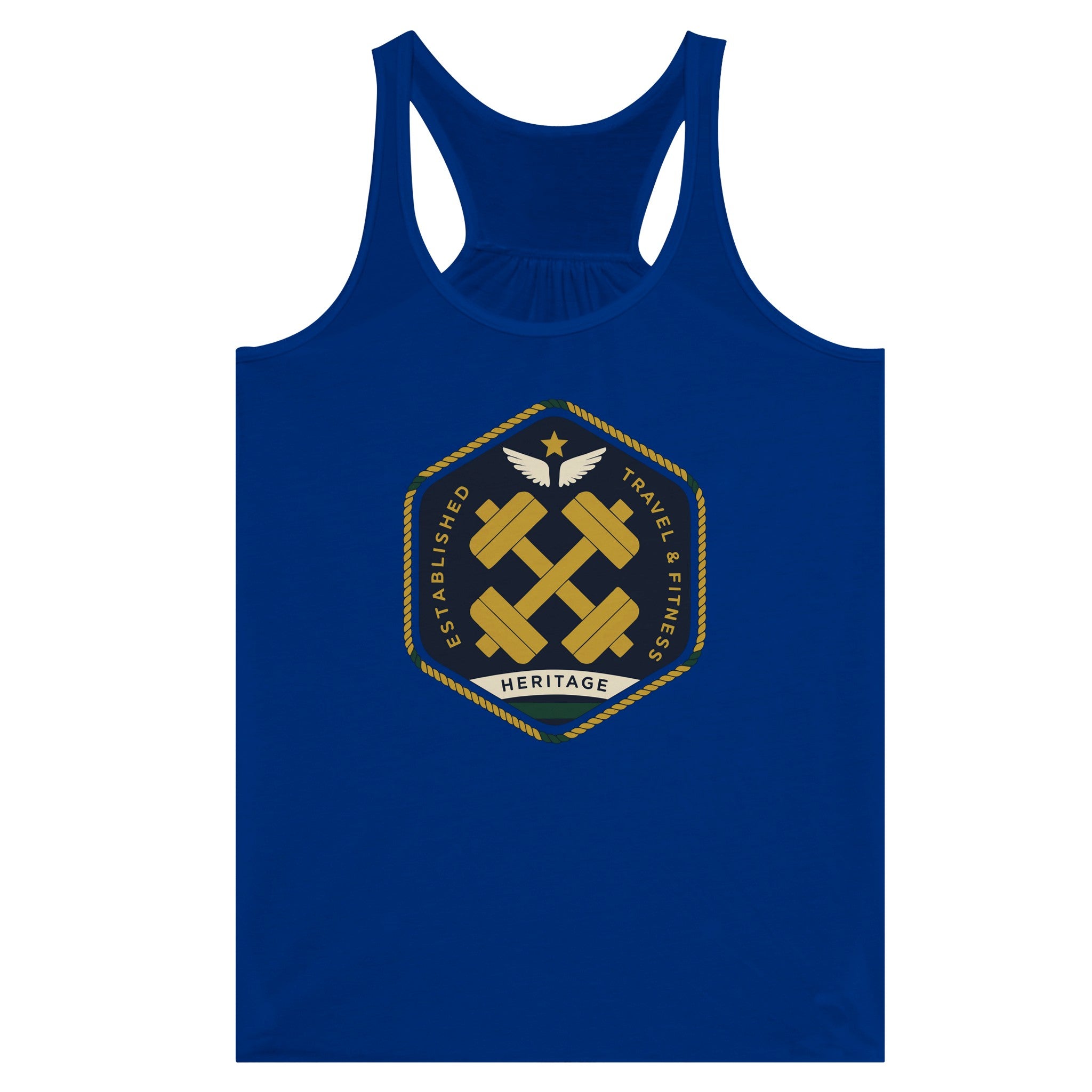 Heritage Standard crest-emblem flowy racerback tank, Dumbbells & Hotels road warrior apparel