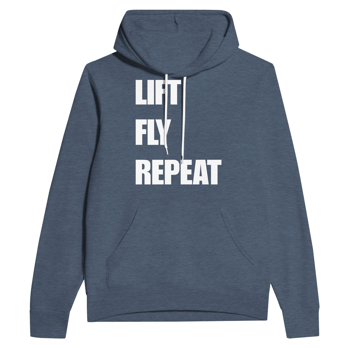 Lift Fly Repeat unisex pullover hoodie for travelling professionals, printed with a laurel-wreath crest with crossed dumbbells, aviator wings and a LIFT. FLY. REPEAT. ribbon — product photo 4 of 12