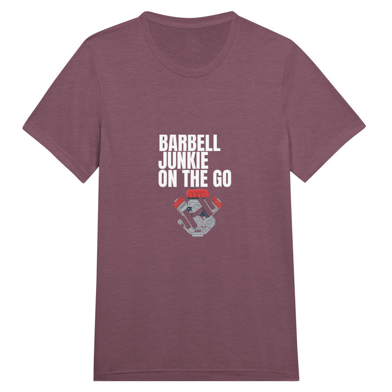 Barbell Junkie on the Go unisex classic travel tee by Dumbbells & Hotels — road warrior gym apparel