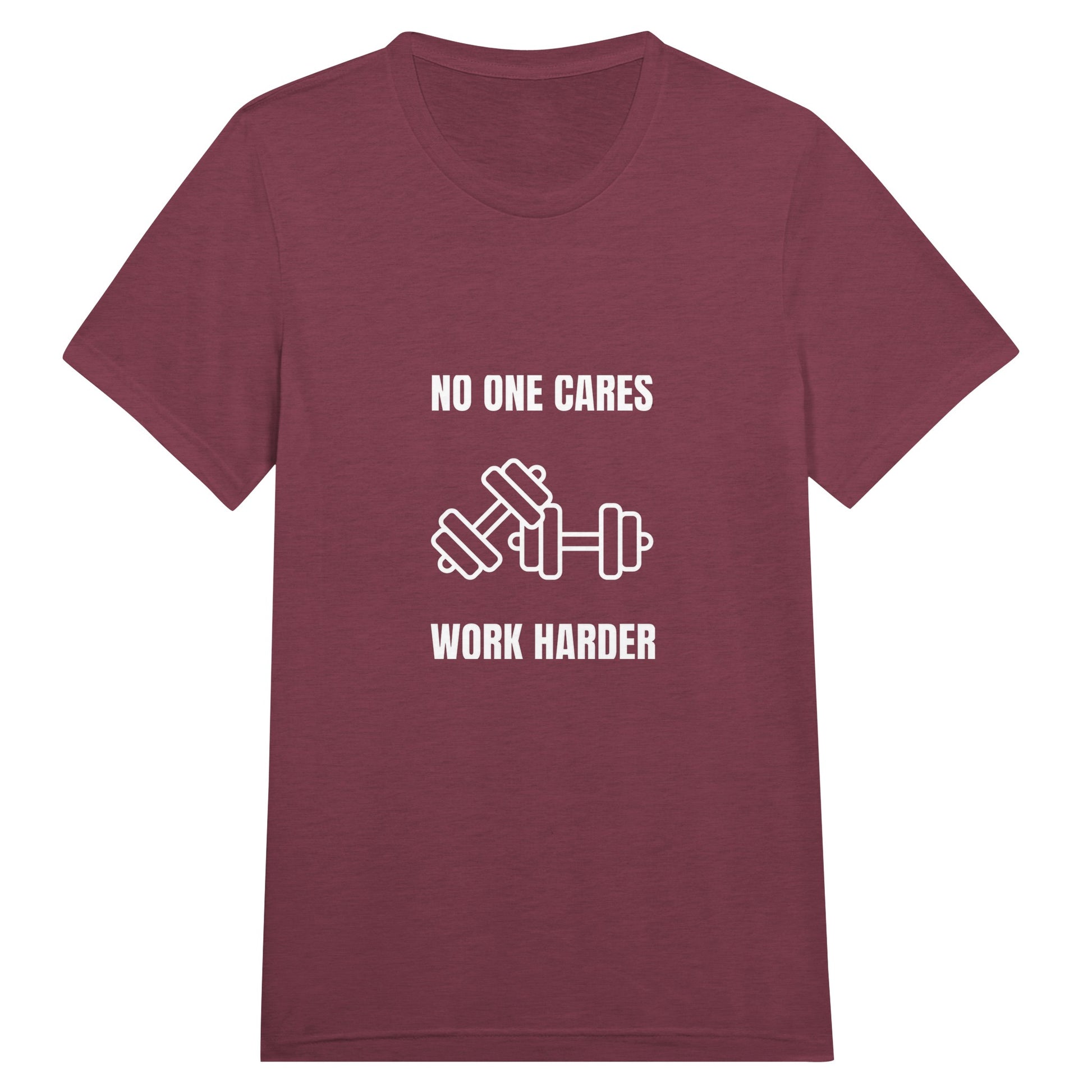 unisex triblend travel tee with white No One Cares. Work Harder. crossed-dumbbells print, styled for hotel gym training