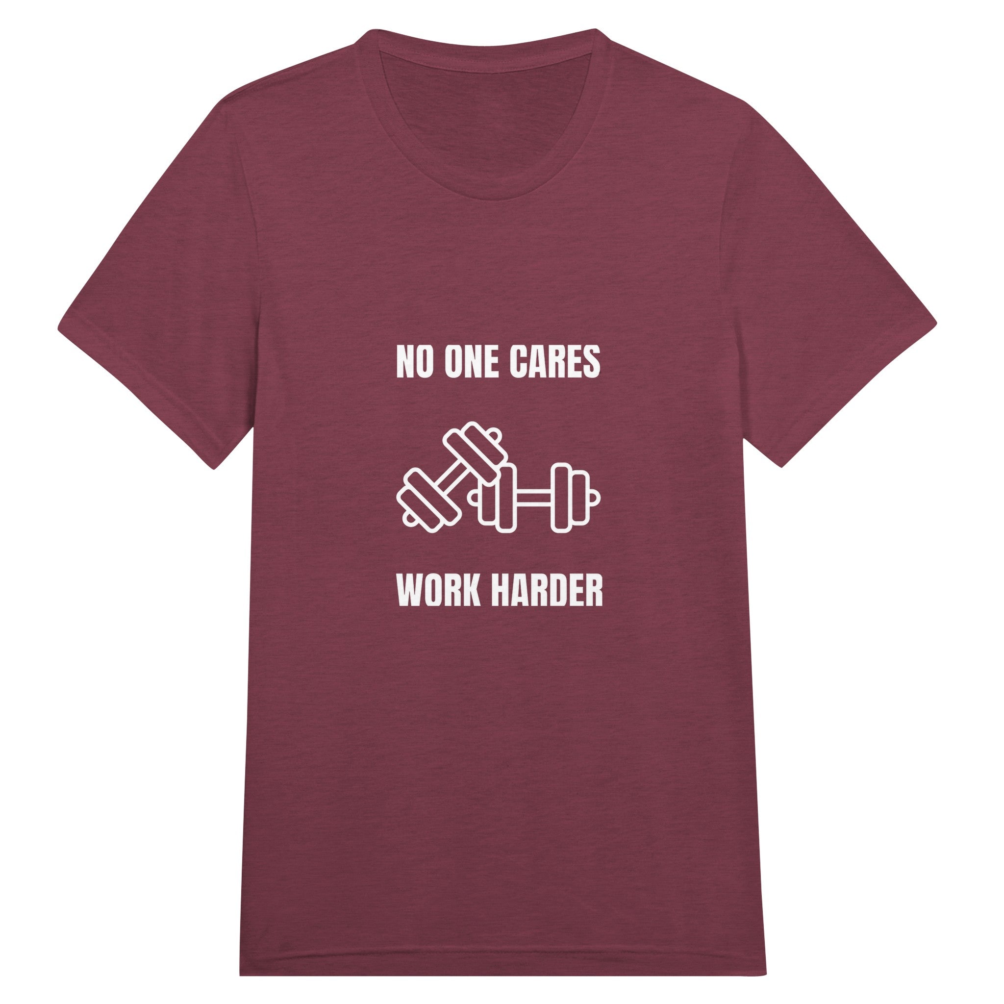 unisex triblend travel tee with white No One Cares. Work Harder. crossed-dumbbells print, styled for hotel gym training